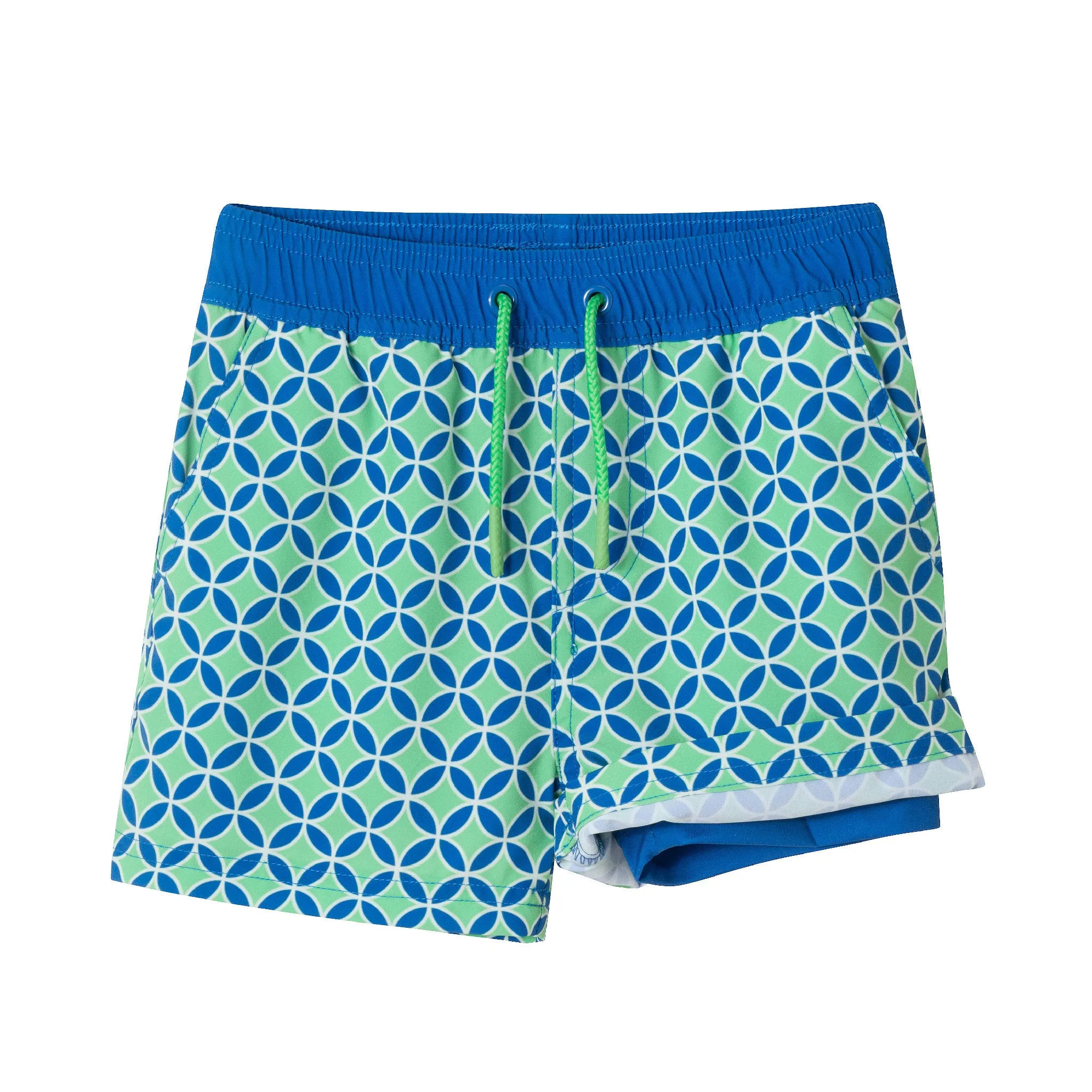 Kids (4-18) Swim Trunk | Green Blue Geometric
