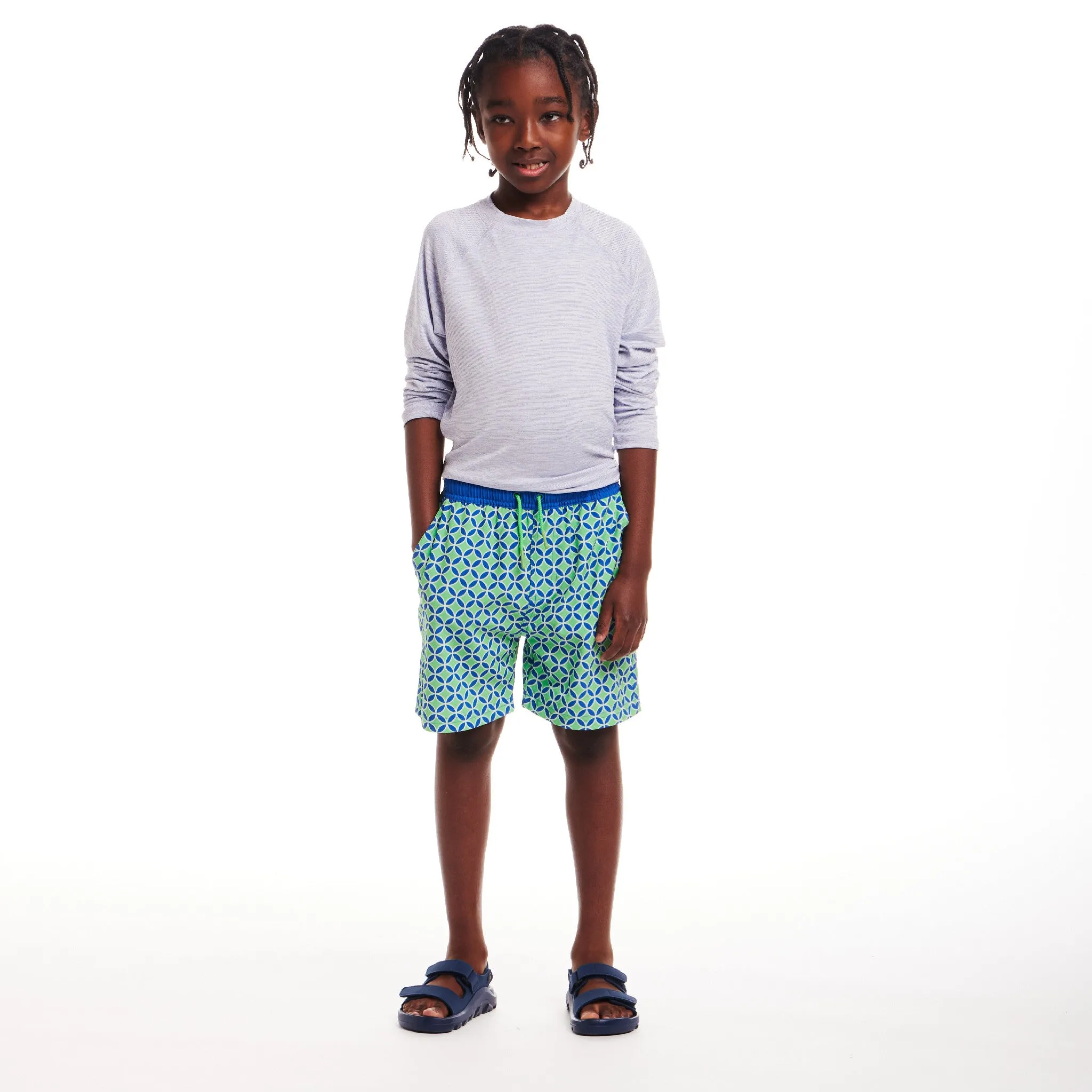 Kids (4-18) Swim Trunk | Green Blue Geometric