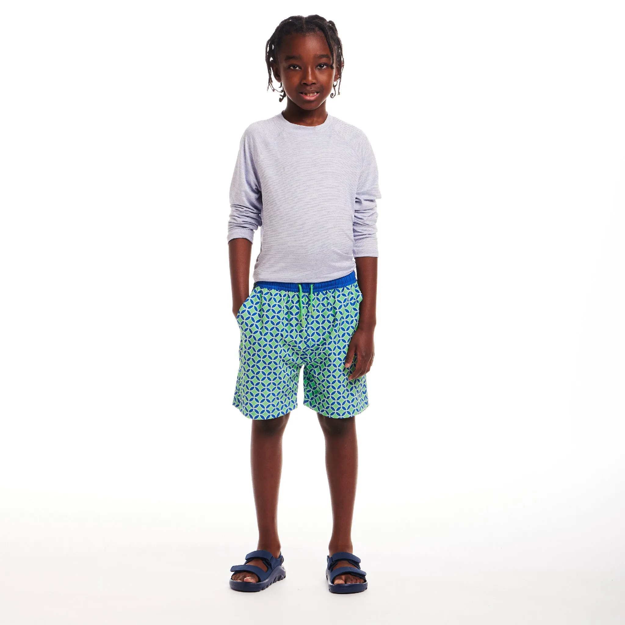 Kids (4-18) Swim Trunk | Green Blue Geometric