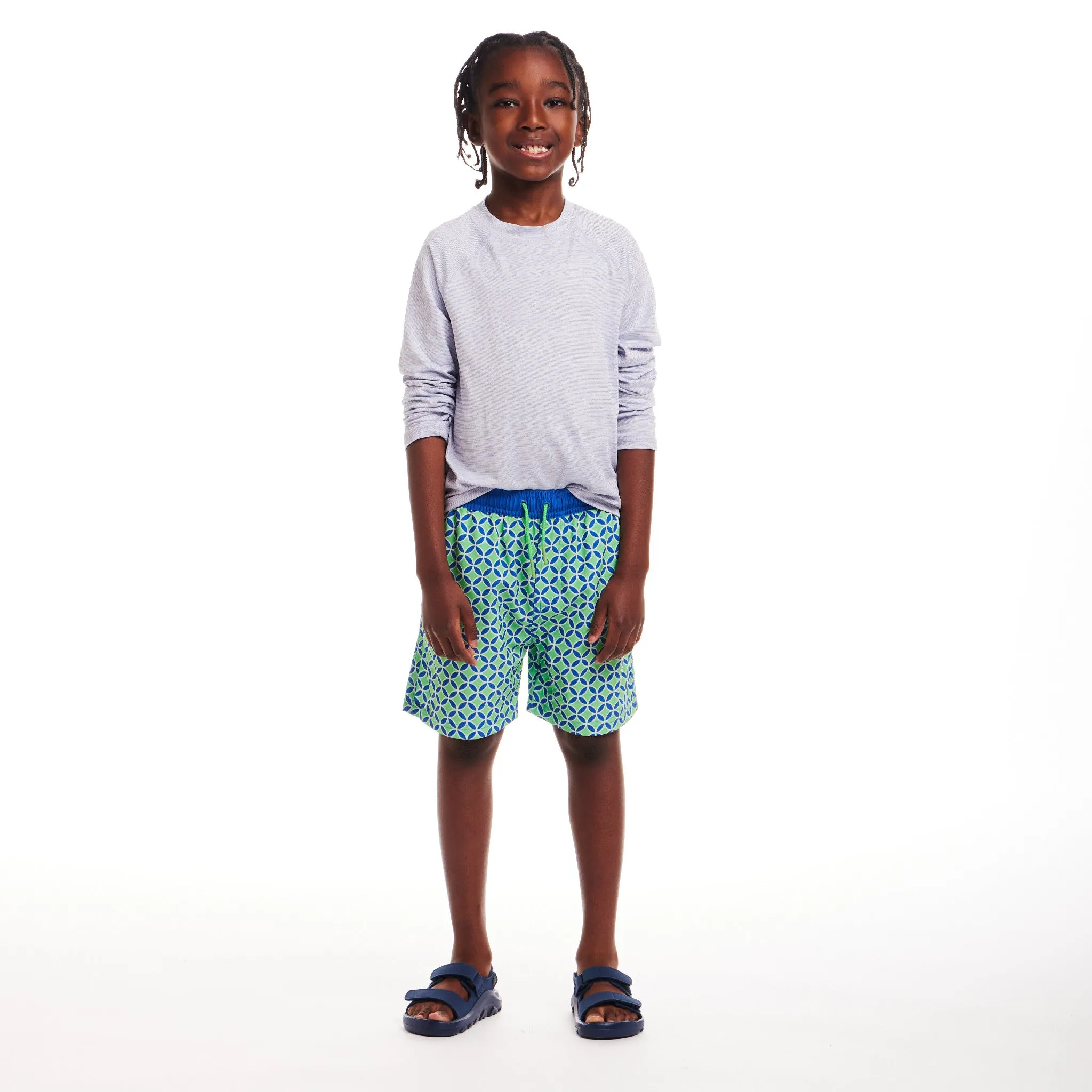 Kids (4-18) Swim Trunk | Green Blue Geometric