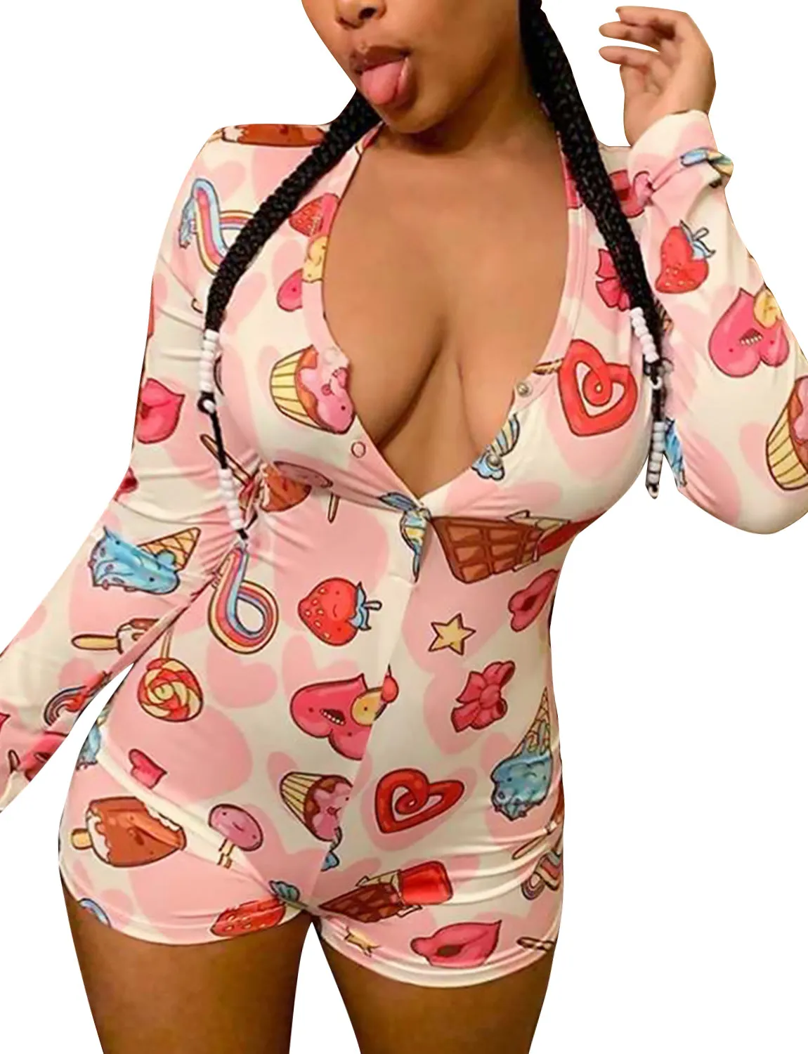 Women's V Neck Longsleeve Print Onesie Pajamas
